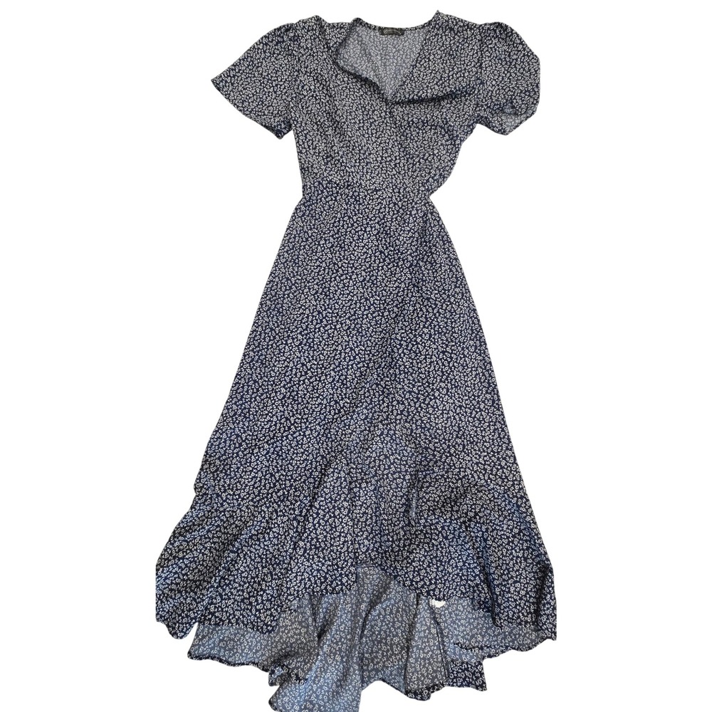 PrettyGarden Navy Blue Floral Wrap Dress Short Sleeve High Low Ruffle Hem XL